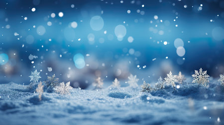 Magical winter background close up snow on blue sky cold backdrop for Christmas. generative aiの素材