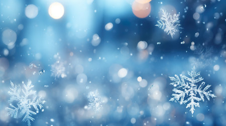 Magical winter background close up snow on blue sky cold backdrop for Christmas. generative aiの素材