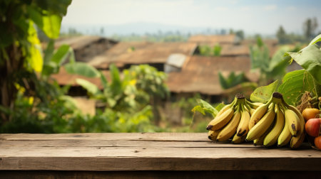 Product display rustic old wooden boards table copy space with banana in background. generative aiの素材