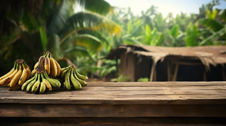 Product display rustic old wooden boards table copy space with banana in background. generative aiの素材