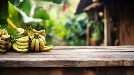 Product display rustic old wooden boards table copy space with banana in background. generative aiの素材