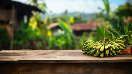 Product display rustic old wooden boards table copy space with banana in background. generative aiの素材