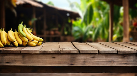 Product display rustic old wooden boards table copy space with banana in background. generative aiの素材