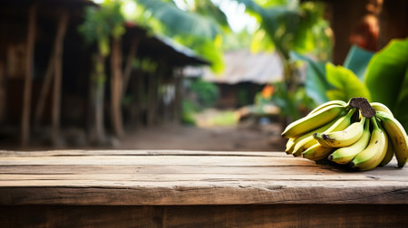 Product display rustic old wooden boards table copy space with banana in background. generative aiの素材
