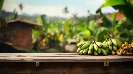 Product display rustic old wooden boards table copy space with banana in background. generative aiの素材