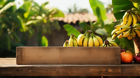 Product display rustic old wooden boards table copy space with banana in background. generative aiの素材