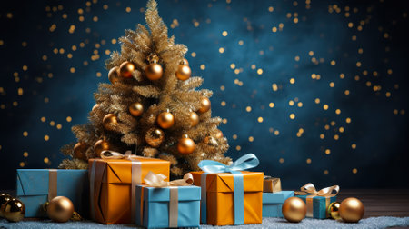 christmas tree with presents on a snowy background. generative aiの素材