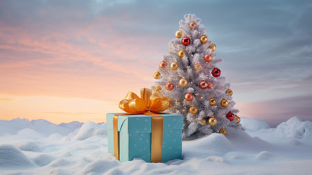 christmas tree with presents on a snowy background. generative aiの素材
