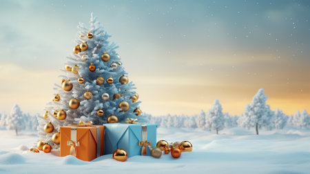 christmas tree with presents on a snowy background. generative aiの素材
