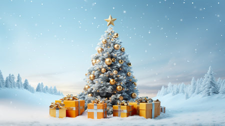 christmas tree with presents on a snowy background. generative aiの素材