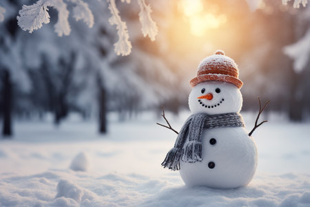 Cheerful snowman in winter garden photo background. generative aiの素材