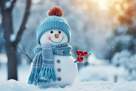 Cheerful snowman in winter garden photo background. generative aiの素材