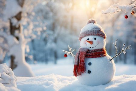 Cheerful snowman in winter garden photo background. generative aiの素材