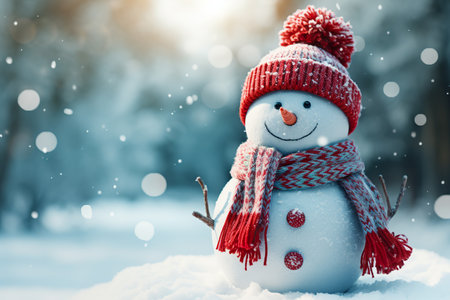 Cheerful snowman in winter garden photo background. generative aiの素材
