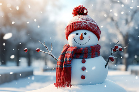 Cheerful snowman in winter garden photo background. generative aiの素材