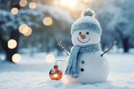 Cheerful snowman in winter garden photo background. generative aiの素材
