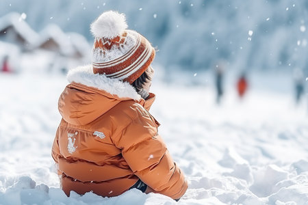 Rear shot and high angle view of a kid on snow christmas theme. generative aiの素材