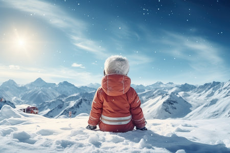 Rear shot and high angle view of a kid on snow christmas theme. generative aiの素材
