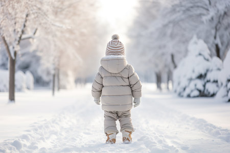 Rear shot and high angle view of a kid on snow christmas theme. generative aiの素材