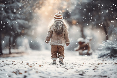 Rear shot and high angle view of a kid on snow christmas theme. generative aiの素材
