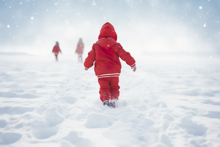 Rear shot and high angle view of a kid on snow christmas theme. generative aiの素材