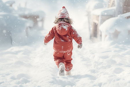 Rear shot and high angle view of a kid on snow christmas theme. generative aiの素材