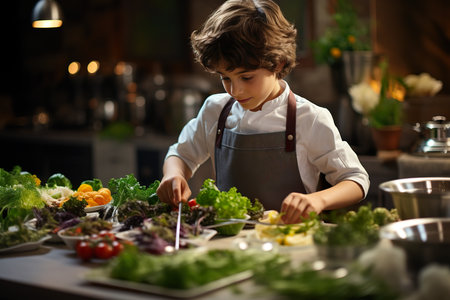 An skilled kid chef in a kitchen, carefully plating a gourmet dish. generative aiの素材