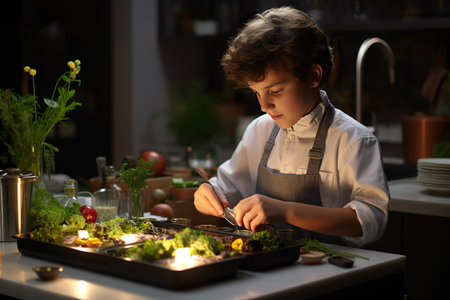An skilled kid chef in a kitchen, carefully plating a gourmet dish. generative aiの素材
