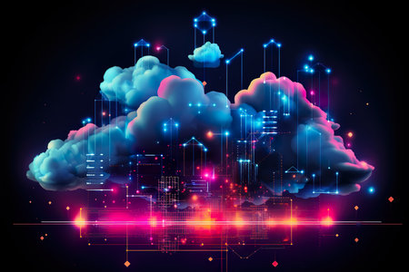 Neon geometric shape on cloud background, futuristic technolog. generative aiの素材