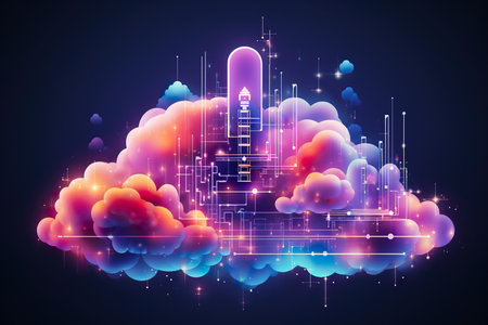 Neon geometric shape on cloud background, futuristic technolog. generative aiの素材