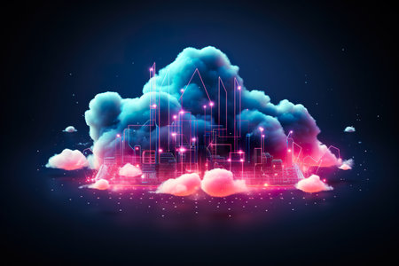 Neon geometric shape on cloud background, futuristic technolog. generative aiの素材