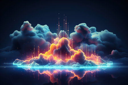 Neon geometric shape on cloud background, futuristic technolog. generative aiの素材