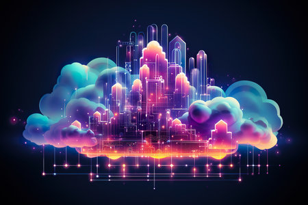 Neon geometric shape on cloud background, futuristic technolog. generative aiの素材