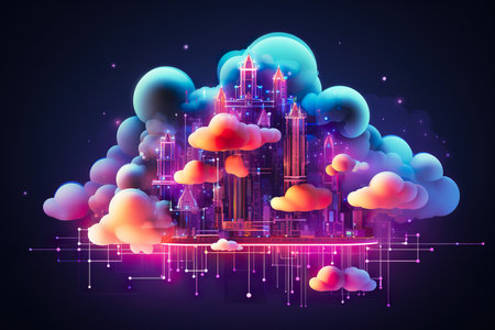 Neon geometric shape on cloud background, futuristic technolog. generative aiの素材