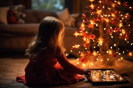little girl sitting in a red dress and looking at a christmas tree. generative aiの素材