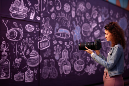 little girl taking a photo of doodles, in the style of commercial. generative aiの素材