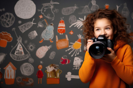 little girl taking a photo of doodles, in the style of commercial. generative aiの素材