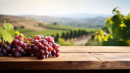 Product display template empty old wooden boards table with grape farm in background. generative aiの素材