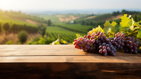 Product display template empty old wooden boards table with grape farm in background. generative aiの素材