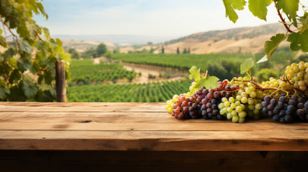 Product display template empty old wooden boards table with grape farm in background. generative aiの素材