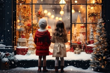 children looking a window of a christmas shop on christmas day. generative aiの素材