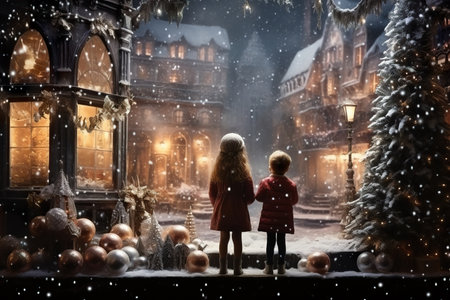 children looking a window of a christmas shop on christmas day. generative aiの素材