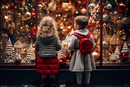children looking a window of a christmas shop on christmas day. generative aiの素材