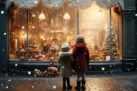 children looking a window of a christmas shop on christmas day. generative aiの素材
