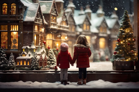 children looking a window of a christmas shop on christmas day. generative aiの素材