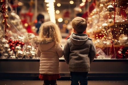 children looking a window of a christmas shop on christmas day. generative aiの素材