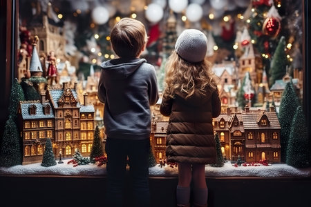 children looking a window of a christmas shop on christmas day. generative aiの素材