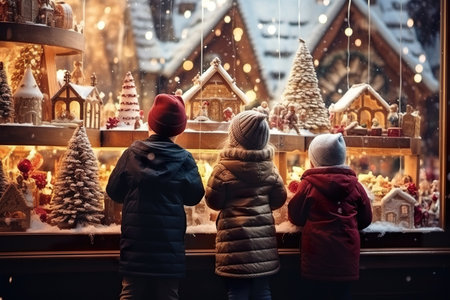 children looking a window of a christmas shop on christmas day. generative aiの素材