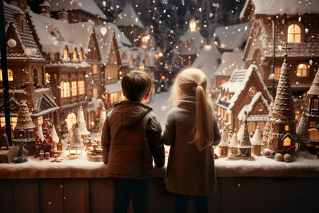 children looking a window of a christmas shop on christmas day. generative aiの素材