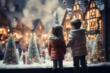 children looking a window of a christmas shop on christmas day. generative aiの素材